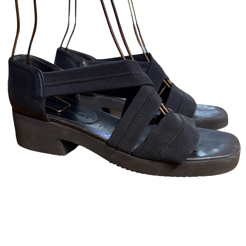 Donald J Pliner Brown Block Heel Sandals Strappy Stretch & Leather Shoes sz 7.5
